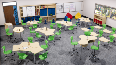 A vibrant classroom with students engaged in group discussions, interactive activities, and collaboration, fostering dynamic learning environments.